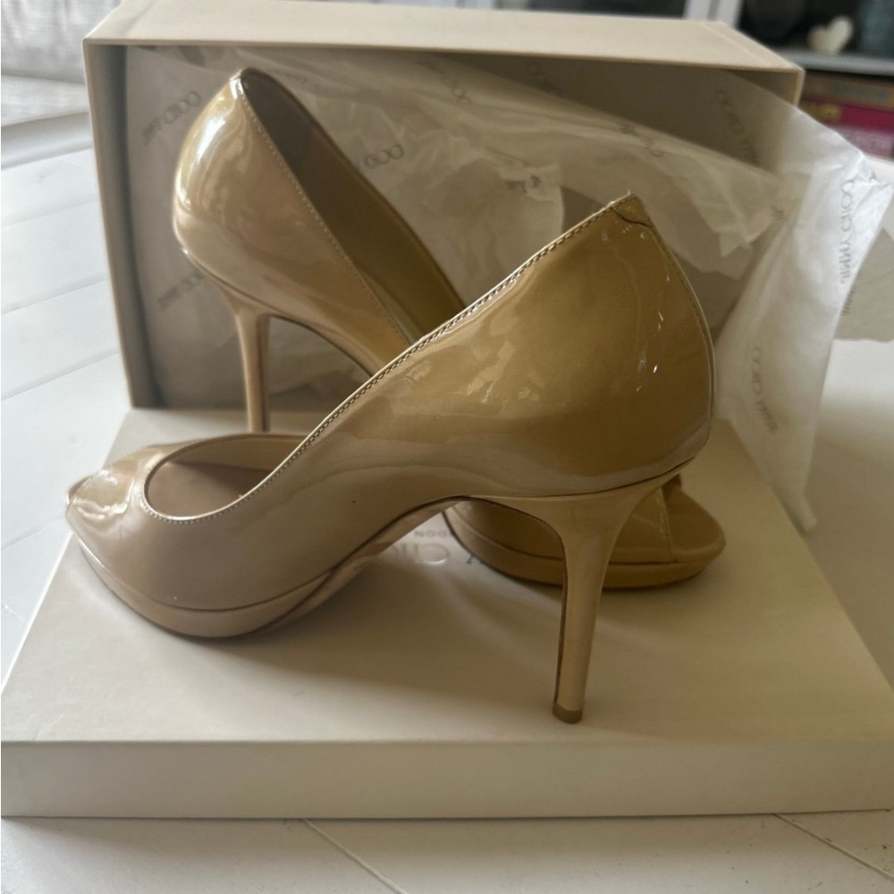 Jimmy Choo Glossy Beige Peep-Toe Heels